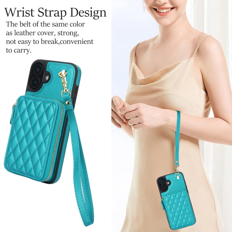 For iPhone 16 AwQuer Crossbody Zipper Wallet Rhombic Leather Back Phone Case