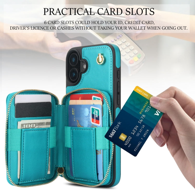 For iPhone 16 AwQuer Crossbody Zipper Wallet Rhombic Leather Back Phone Case