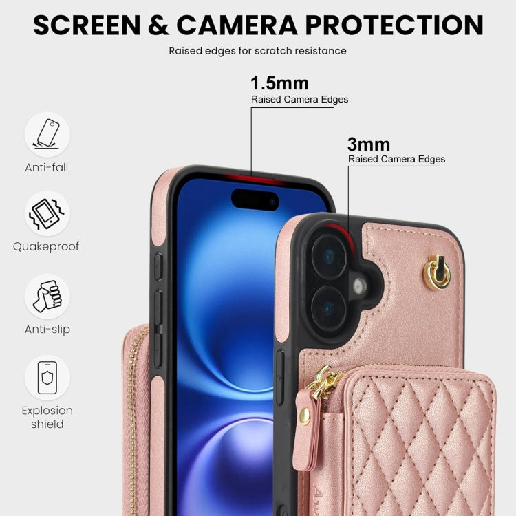 For iPhone 16 AwQuer Crossbody Zipper Wallet Rhombic Leather Back Phone Case