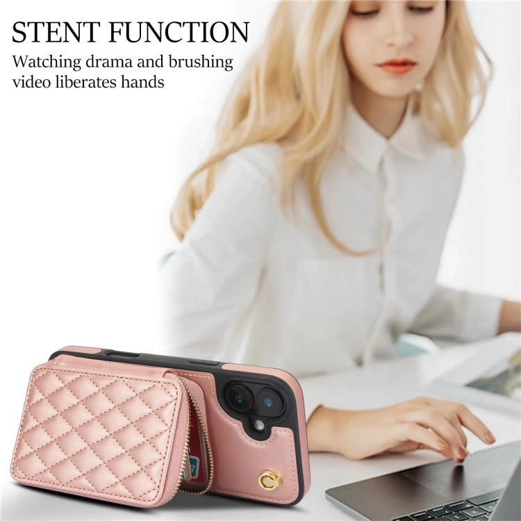 For iPhone 16 AwQuer Crossbody Zipper Wallet Rhombic Leather Back Phone Case