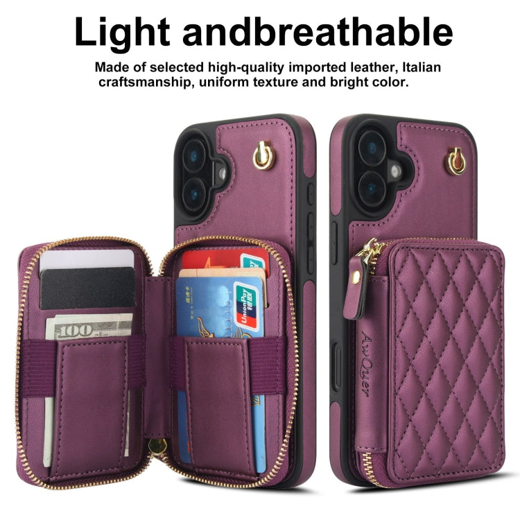 For iPhone 16 AwQuer Crossbody Zipper Wallet Rhombic Leather Back Phone Case