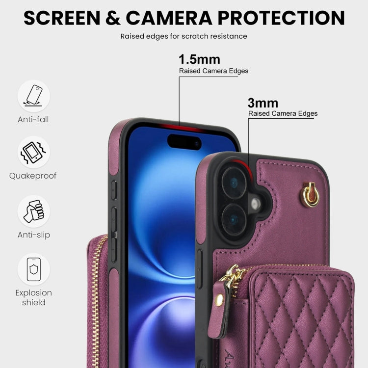For iPhone 16 AwQuer Crossbody Zipper Wallet Rhombic Leather Back Phone Case