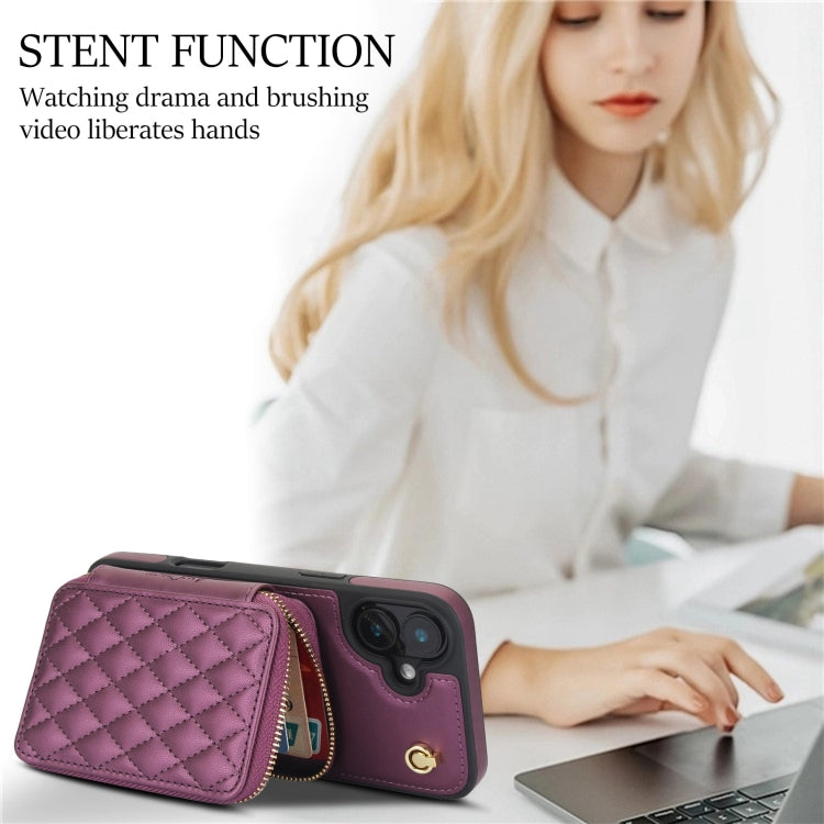 For iPhone 16 AwQuer Crossbody Zipper Wallet Rhombic Leather Back Phone Case