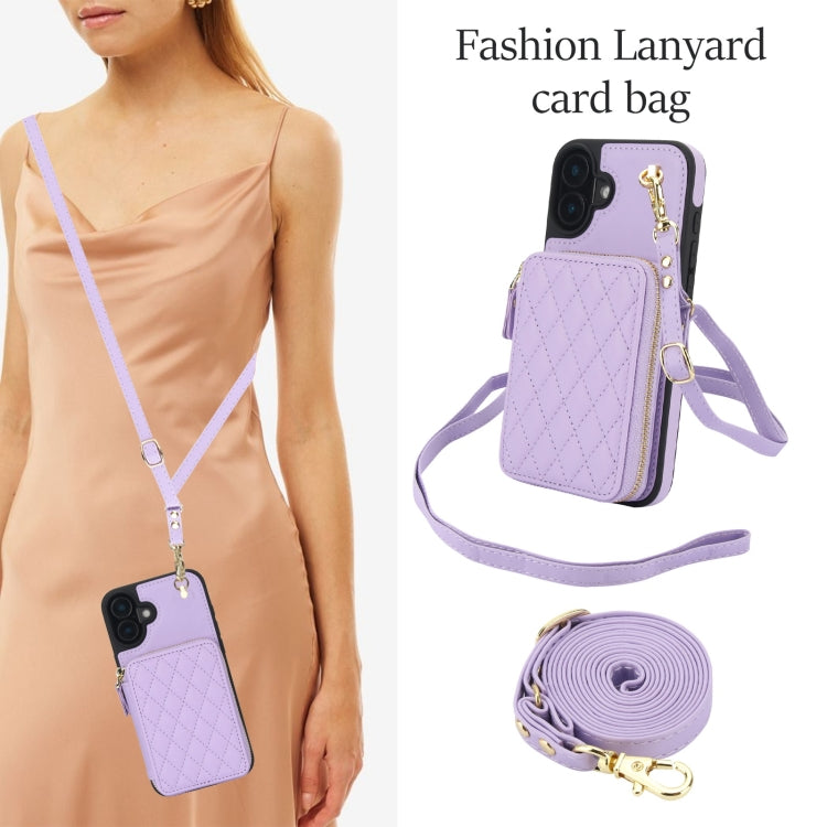 For iPhone 16 AwQuer Crossbody Zipper Wallet Rhombic Leather Back Phone Case