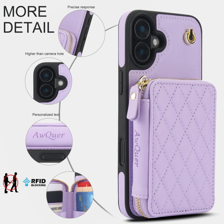 For iPhone 16 AwQuer Crossbody Zipper Wallet Rhombic Leather Back Phone Case