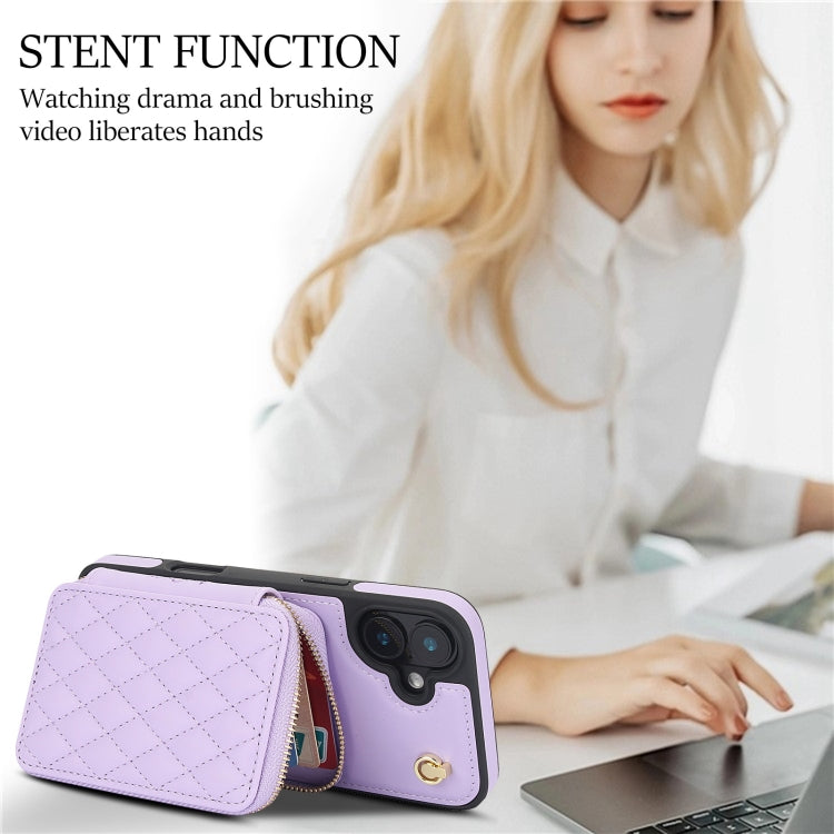 For iPhone 16 AwQuer Crossbody Zipper Wallet Rhombic Leather Back Phone Case