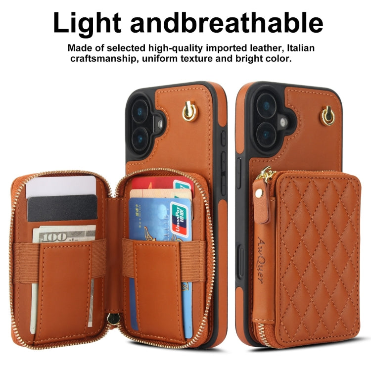 For iPhone 16 AwQuer Crossbody Zipper Wallet Rhombic Leather Back Phone Case
