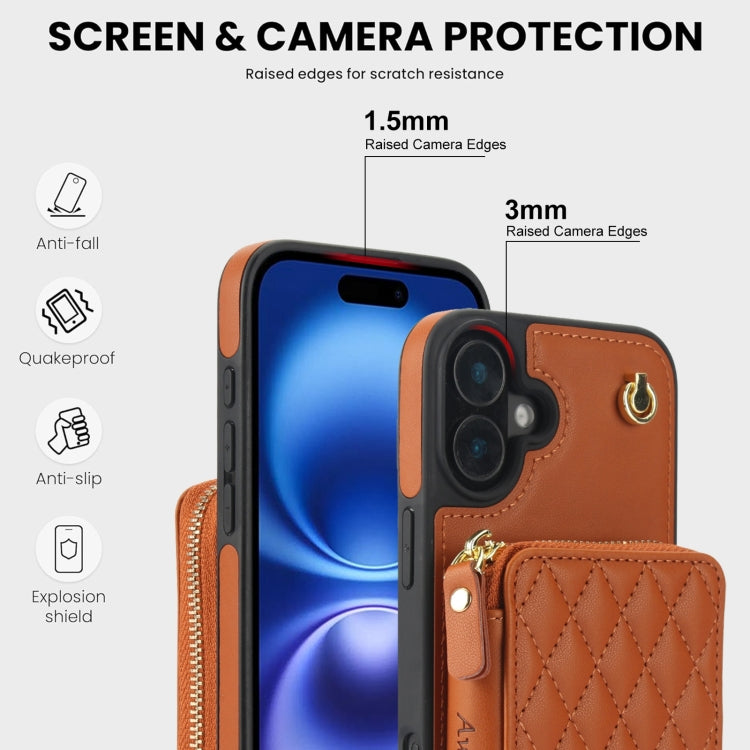 For iPhone 16 AwQuer Crossbody Zipper Wallet Rhombic Leather Back Phone Case