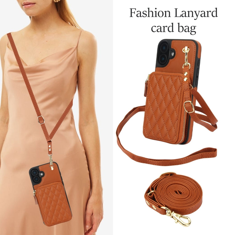 For iPhone 16 AwQuer Crossbody Zipper Wallet Rhombic Leather Back Phone Case