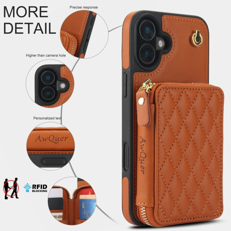 For iPhone 16 AwQuer Crossbody Zipper Wallet Rhombic Leather Back Phone Case