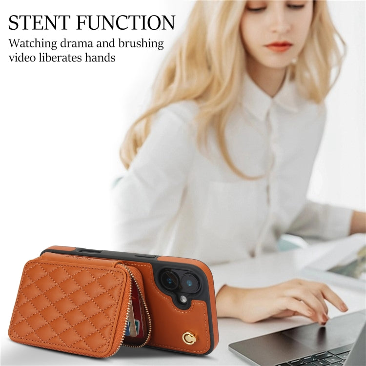 For iPhone 16 AwQuer Crossbody Zipper Wallet Rhombic Leather Back Phone Case