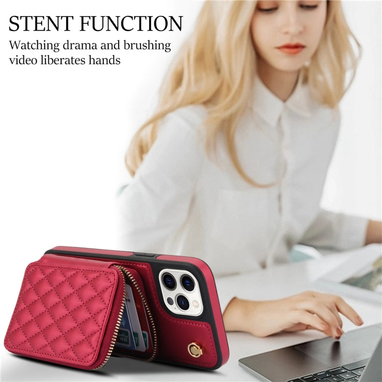 For iPhone 15 Pro Max AwQuer Crossbody Zipper Wallet Rhombic Leather Back Phone Case