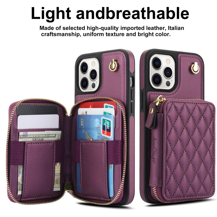 For iPhone 15 Pro Max AwQuer Crossbody Zipper Wallet Rhombic Leather Back Phone Case