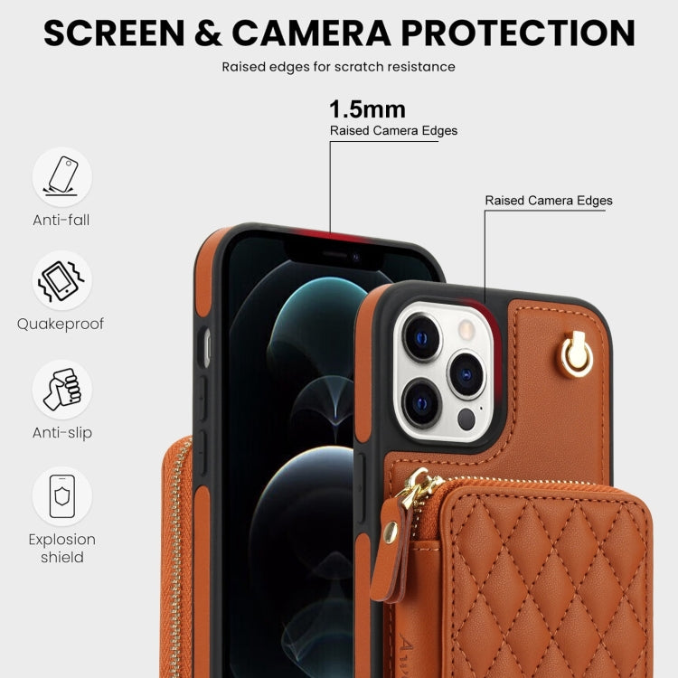 For iPhone 15 Pro Max AwQuer Crossbody Zipper Wallet Rhombic Leather Back Phone Case