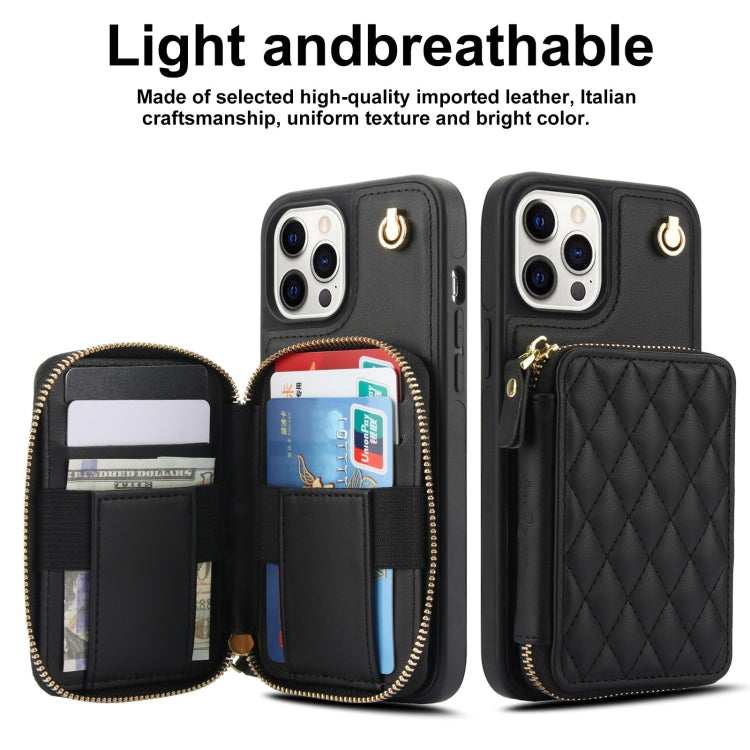 For iPhone 15 Pro AwQuer Crossbody Zipper Wallet Rhombic Leather Back Phone Case