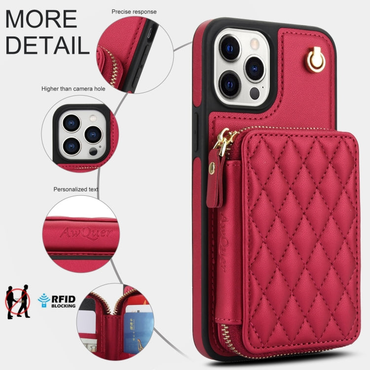 For iPhone 15 Pro AwQuer Crossbody Zipper Wallet Rhombic Leather Back Phone Case