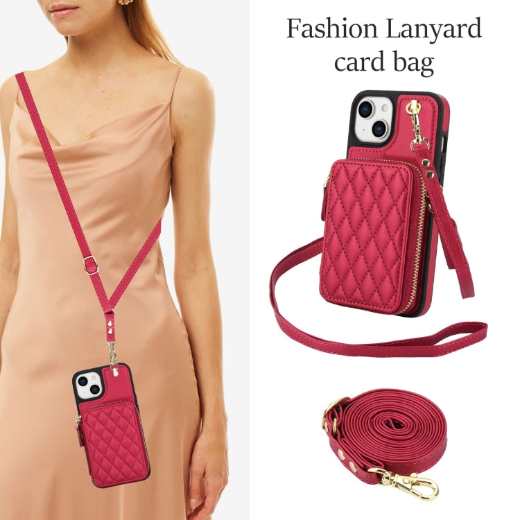 For iPhone 15 Plus AwQuer Crossbody Zipper Wallet Rhombic Leather Back Phone Case