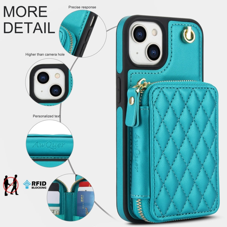 For iPhone 15 Plus AwQuer Crossbody Zipper Wallet Rhombic Leather Back Phone Case
