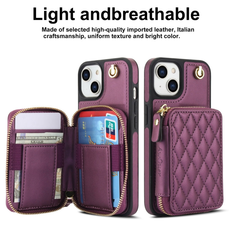 For iPhone 15 Plus AwQuer Crossbody Zipper Wallet Rhombic Leather Back Phone Case