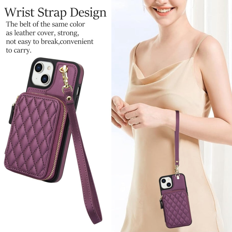 For iPhone 15 Plus AwQuer Crossbody Zipper Wallet Rhombic Leather Back Phone Case