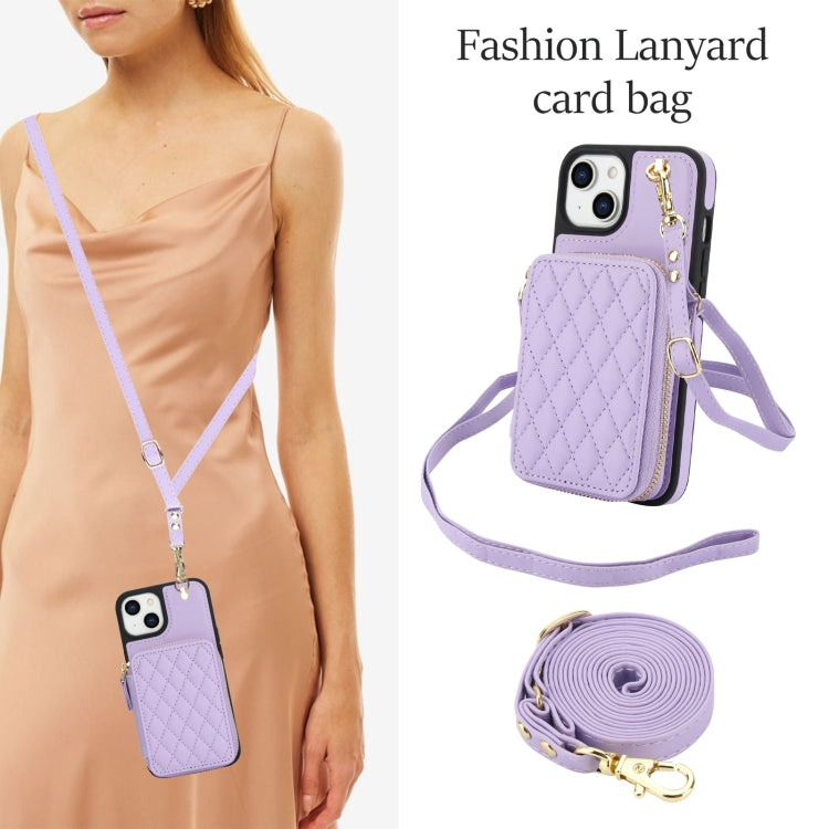 For iPhone 15 Plus AwQuer Crossbody Zipper Wallet Rhombic Leather Back Phone Case