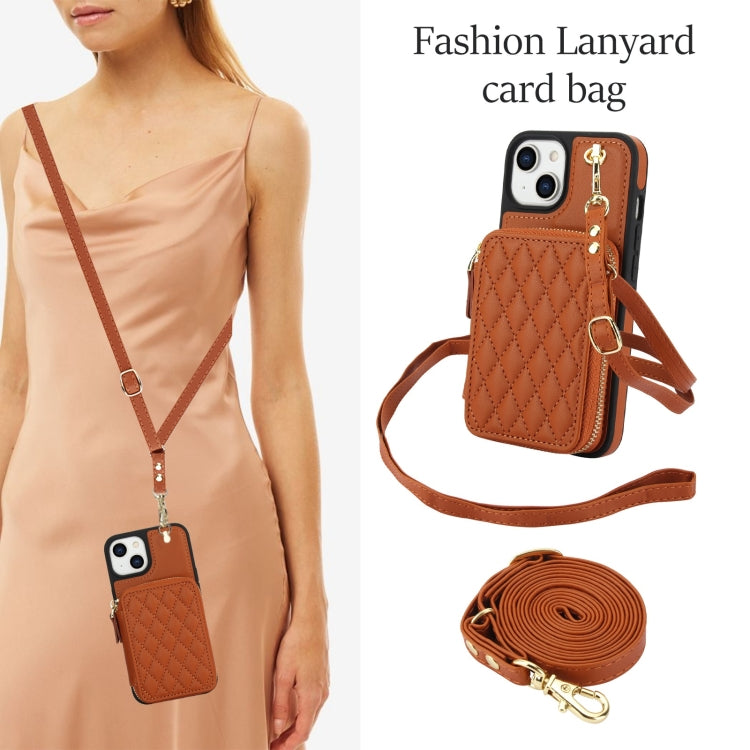 For iPhone 15 Plus AwQuer Crossbody Zipper Wallet Rhombic Leather Back Phone Case