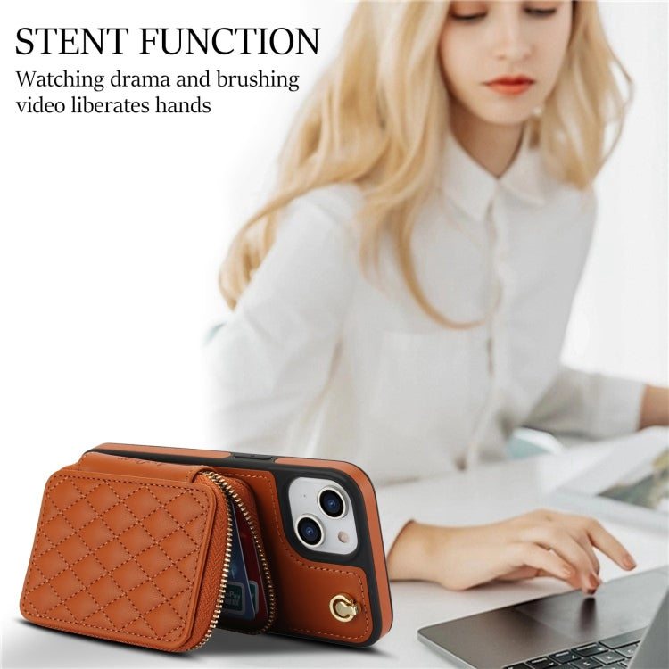 For iPhone 15 Plus AwQuer Crossbody Zipper Wallet Rhombic Leather Back Phone Case