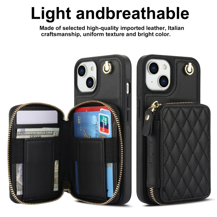 For iPhone 15 AwQuer Crossbody Zipper Wallet Rhombic Leather Back Phone Case
