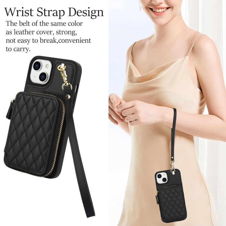 For iPhone 15 AwQuer Crossbody Zipper Wallet Rhombic Leather Back Phone Case