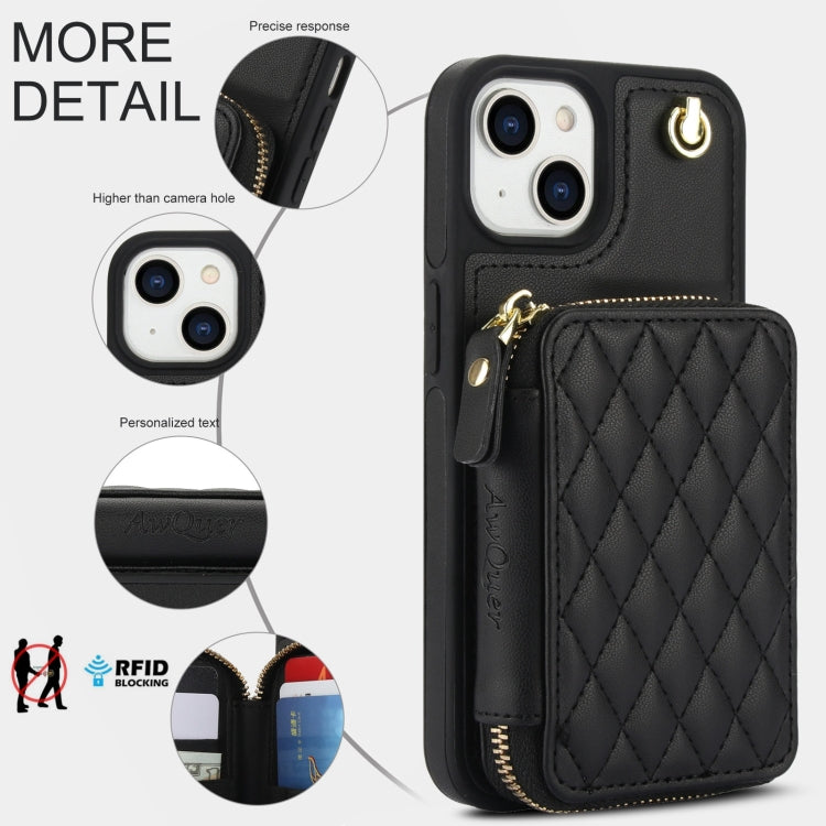 For iPhone 15 AwQuer Crossbody Zipper Wallet Rhombic Leather Back Phone Case