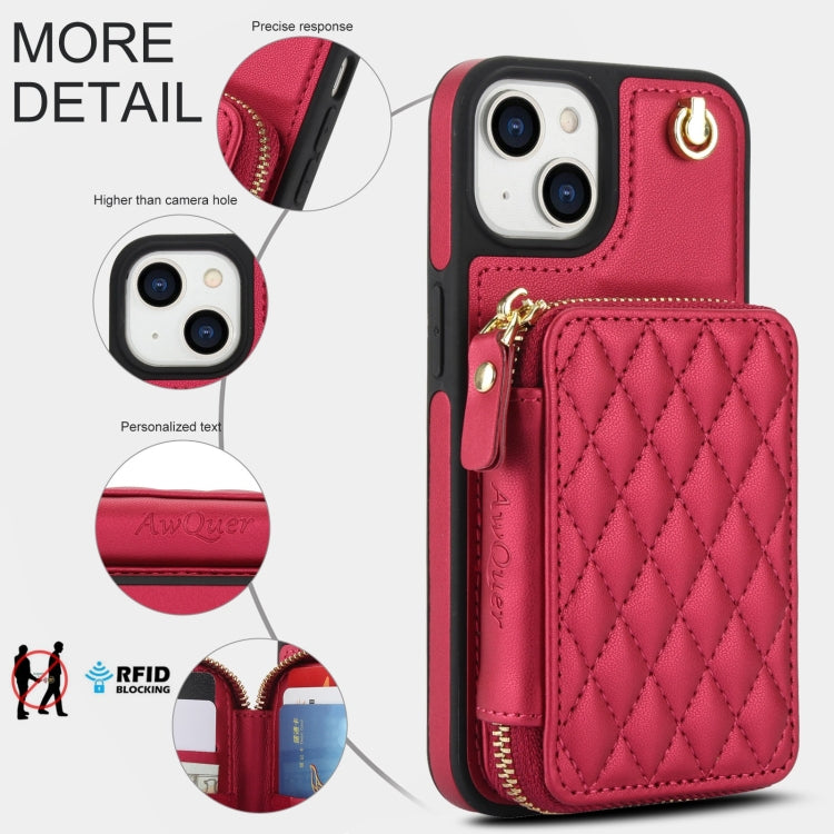 For iPhone 15 AwQuer Crossbody Zipper Wallet Rhombic Leather Back Phone Case