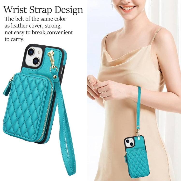 For iPhone 15 AwQuer Crossbody Zipper Wallet Rhombic Leather Back Phone Case