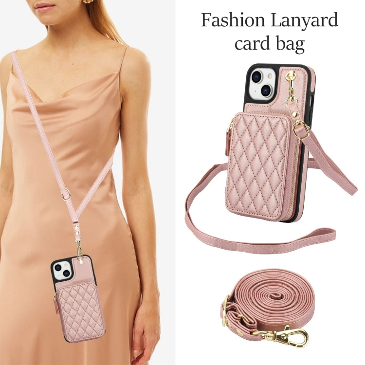 For iPhone 15 AwQuer Crossbody Zipper Wallet Rhombic Leather Back Phone Case