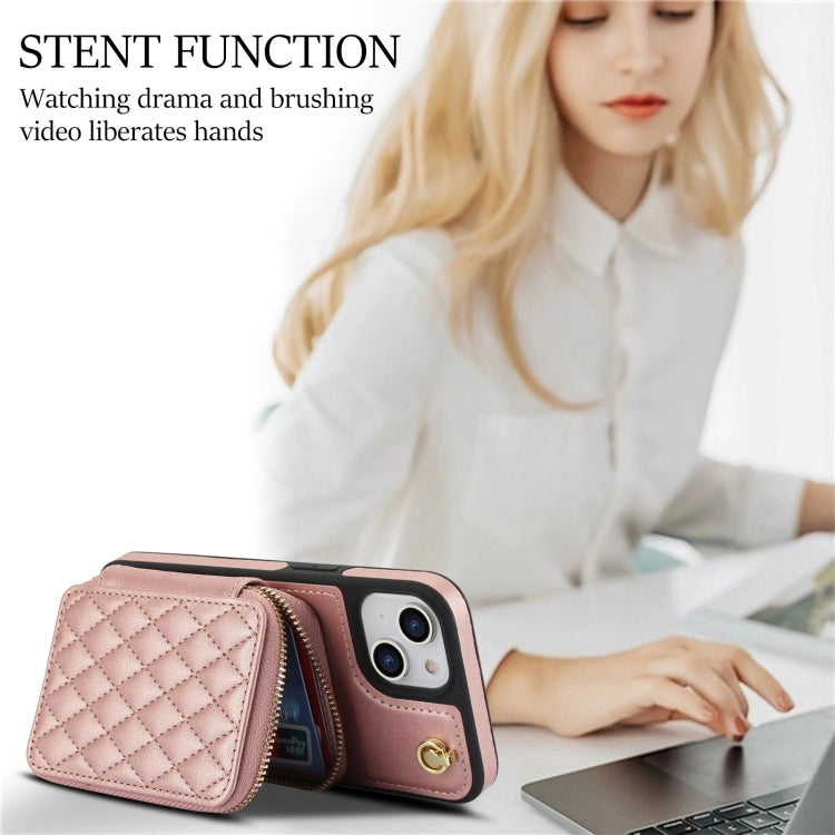 For iPhone 15 AwQuer Crossbody Zipper Wallet Rhombic Leather Back Phone Case