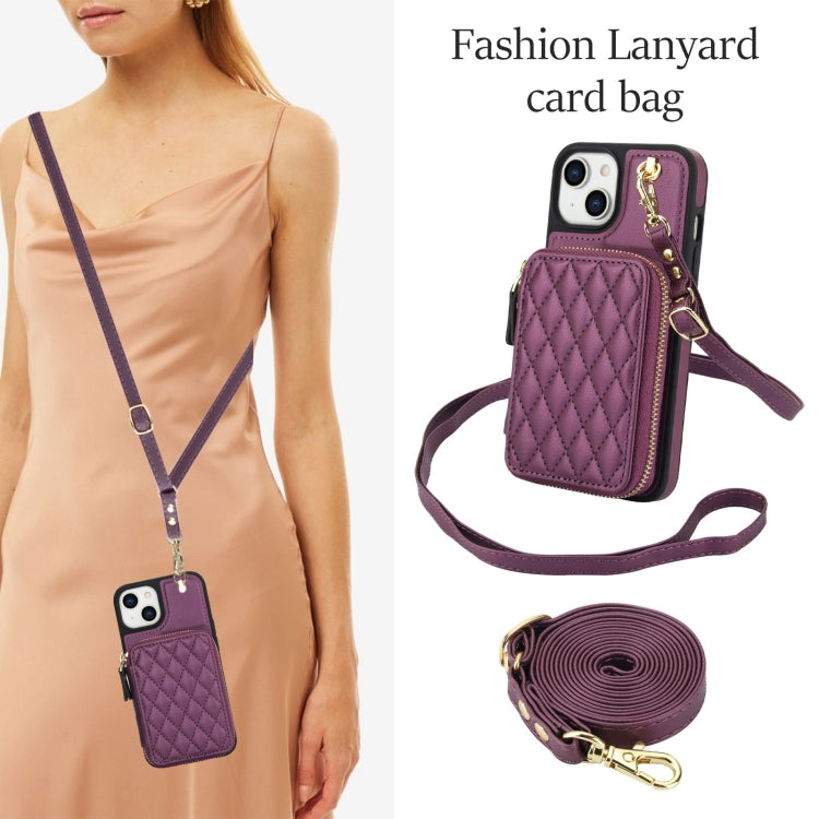 For iPhone 15 AwQuer Crossbody Zipper Wallet Rhombic Leather Back Phone Case