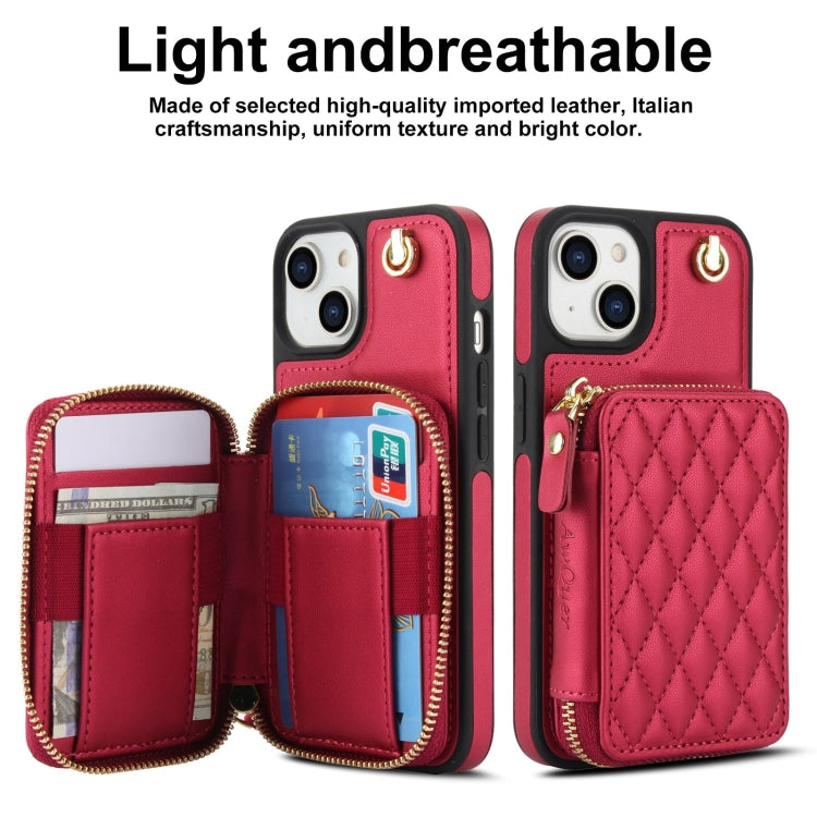 For iPhone 14 Plus AwQuer Crossbody Zipper Wallet Rhombic Leather Back Phone Case
