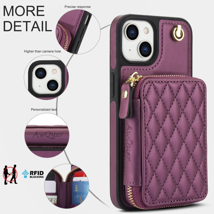 For iPhone 14 Plus AwQuer Crossbody Zipper Wallet Rhombic Leather Back Phone Case