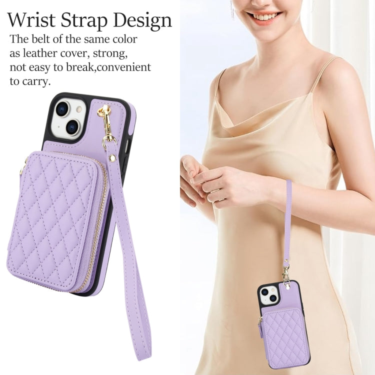 For iPhone 14 Plus AwQuer Crossbody Zipper Wallet Rhombic Leather Back Phone Case