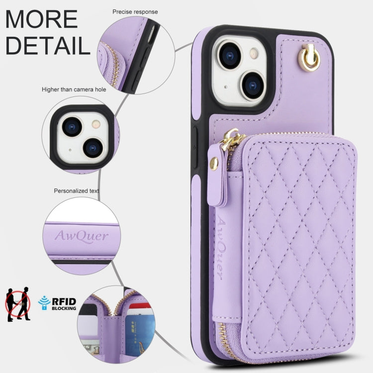 For iPhone 14 Plus AwQuer Crossbody Zipper Wallet Rhombic Leather Back Phone Case
