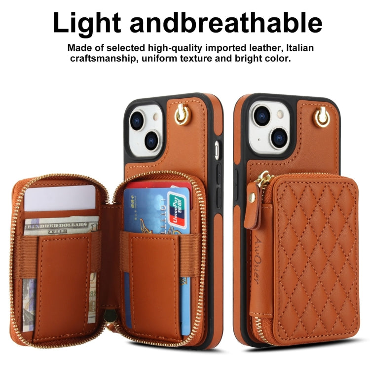 For iPhone 14 Plus AwQuer Crossbody Zipper Wallet Rhombic Leather Back Phone Case