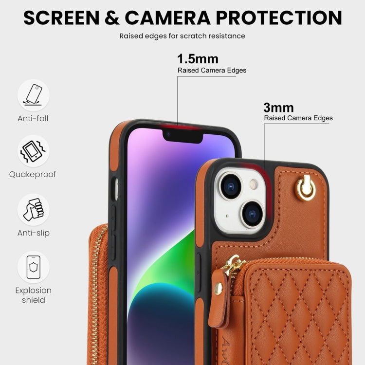 For iPhone 14 Plus AwQuer Crossbody Zipper Wallet Rhombic Leather Back Phone Case