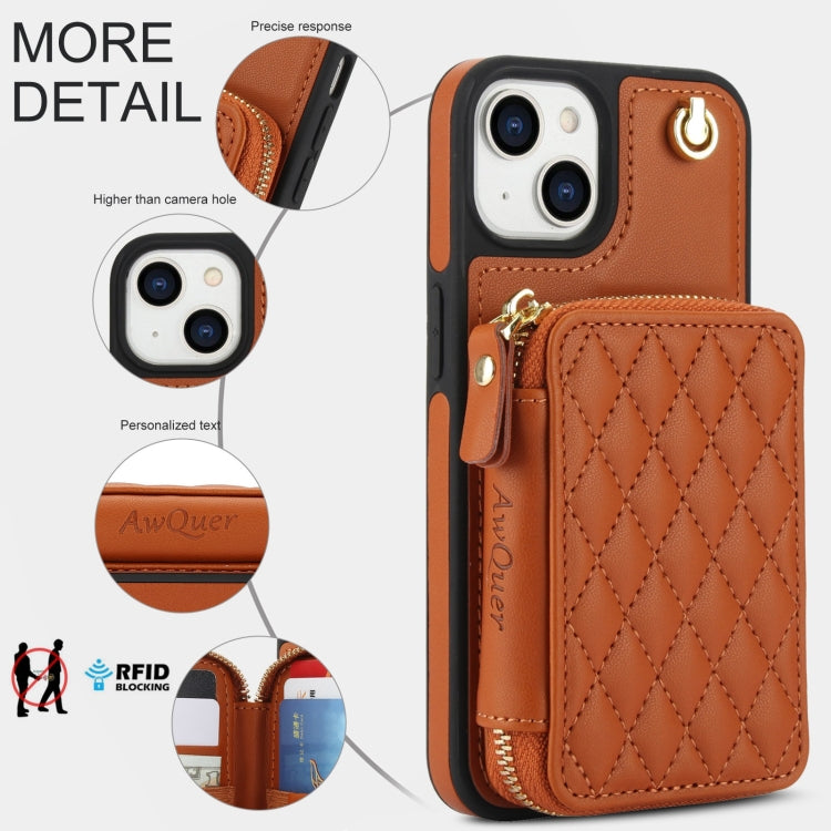 For iPhone 14 Plus AwQuer Crossbody Zipper Wallet Rhombic Leather Back Phone Case