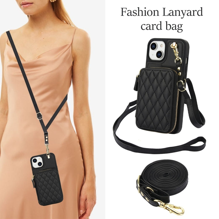For iPhone 14 / 13 AwQuer Crossbody Zipper Wallet Rhombic Leather Back Phone Case