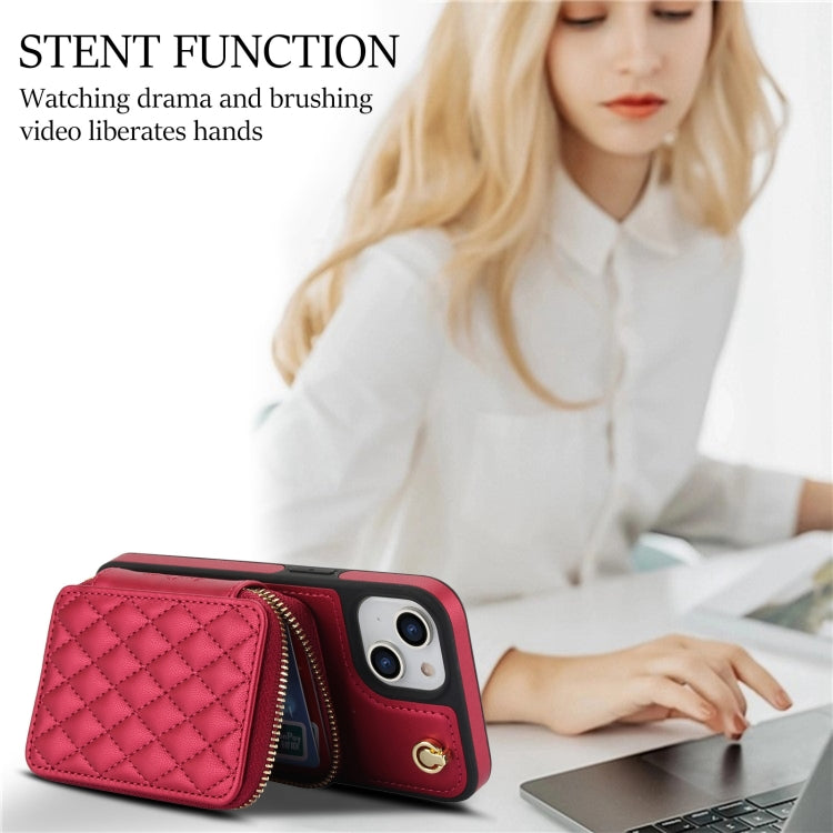 For iPhone 14 / 13 AwQuer Crossbody Zipper Wallet Rhombic Leather Back Phone Case