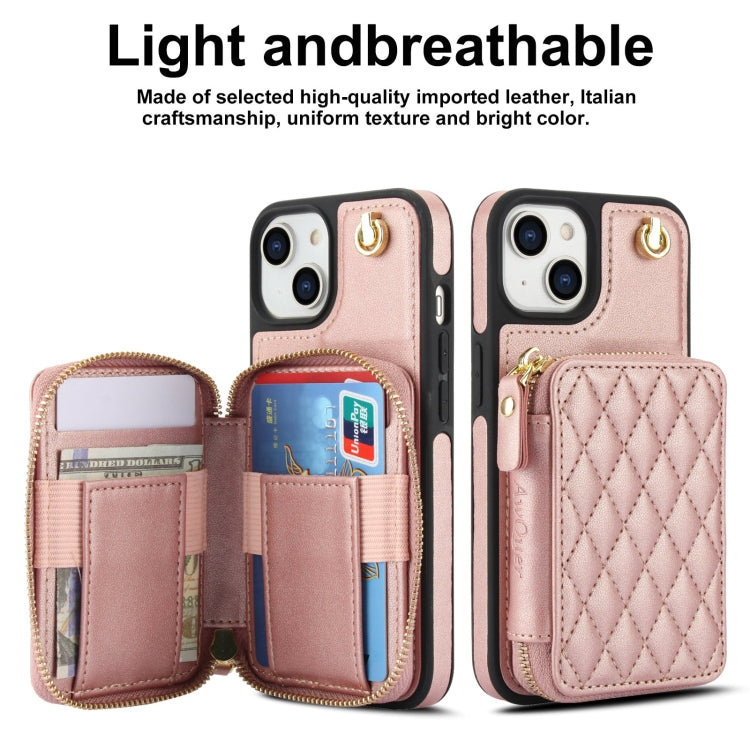 For iPhone 14 / 13 AwQuer Crossbody Zipper Wallet Rhombic Leather Back Phone Case