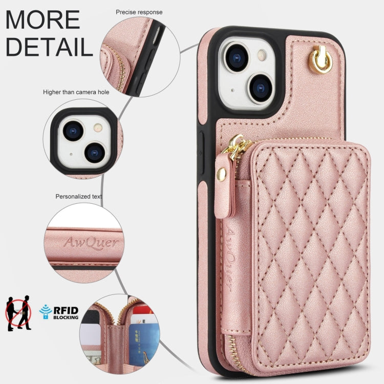 For iPhone 14 / 13 AwQuer Crossbody Zipper Wallet Rhombic Leather Back Phone Case