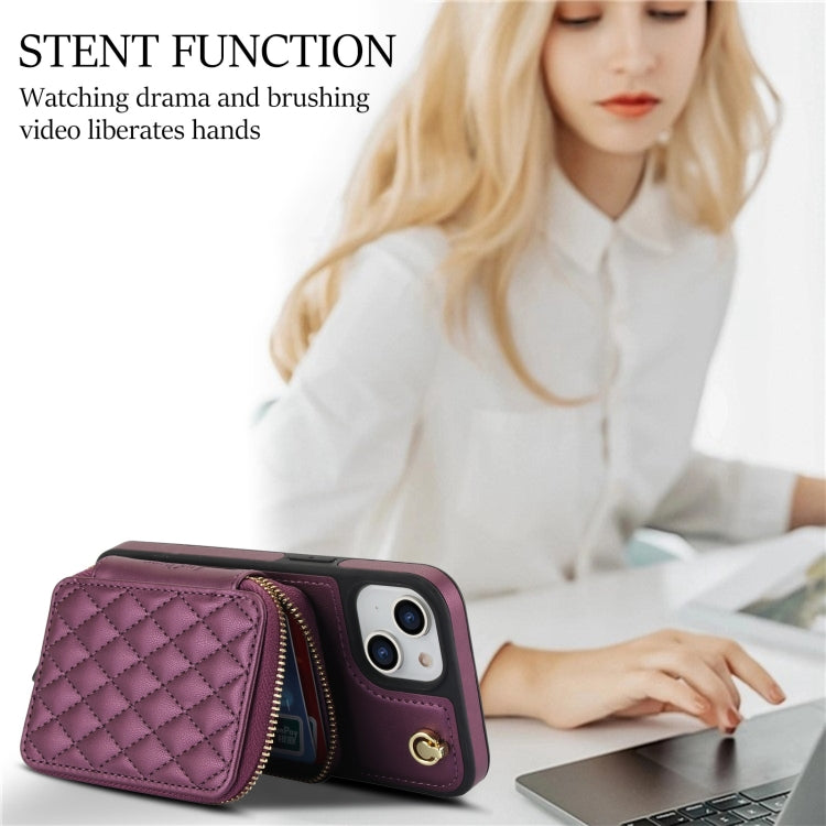For iPhone 14 / 13 AwQuer Crossbody Zipper Wallet Rhombic Leather Back Phone Case