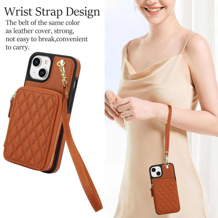 For iPhone 14 / 13 AwQuer Crossbody Zipper Wallet Rhombic Leather Back Phone Case