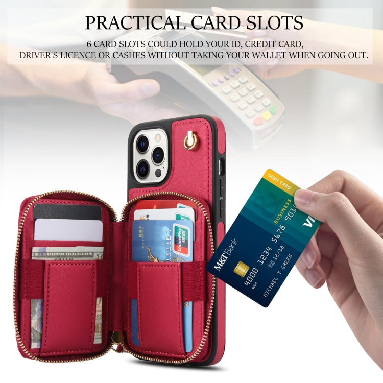 For iPhone 14 Pro AwQuer Crossbody Zipper Wallet Rhombic Leather Back Phone Case
