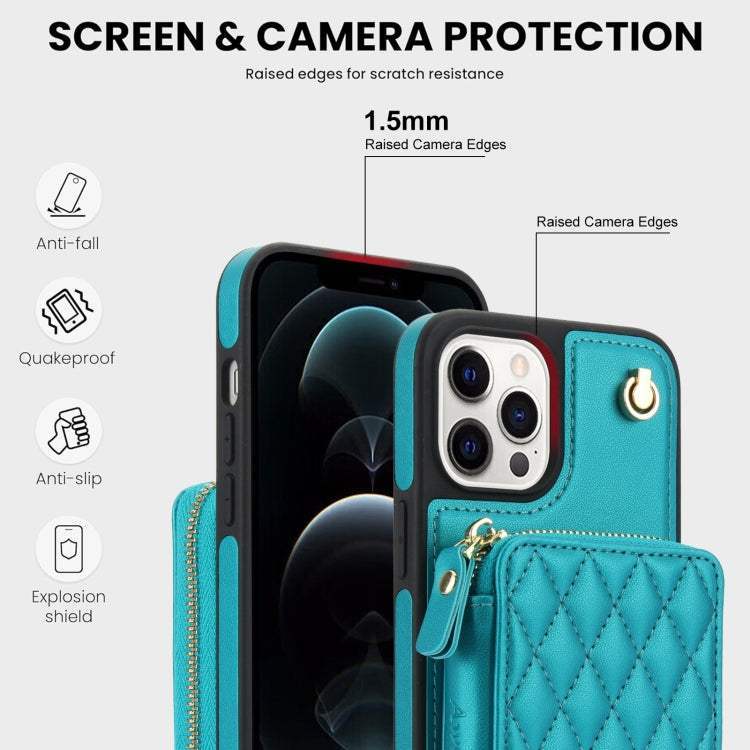For iPhone 14 Pro AwQuer Crossbody Zipper Wallet Rhombic Leather Back Phone Case